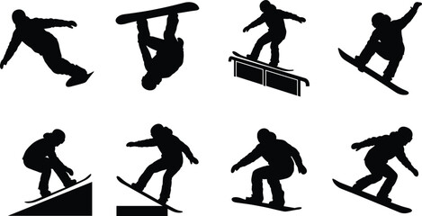Snowboarding Silhouette Collection Featuring Freestyle Tricks, Jumps, Rails and Winter Sports Action © Shariyar