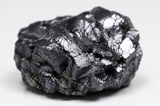A specimen of black magnetite ore with metallic luster.