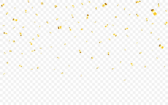 Confetti background with falling gold foil pieces. Festive celebration overlay for party. Luxury wedding or holiday design template. Shiny glitter on transparent backdrop. Vector illustration.