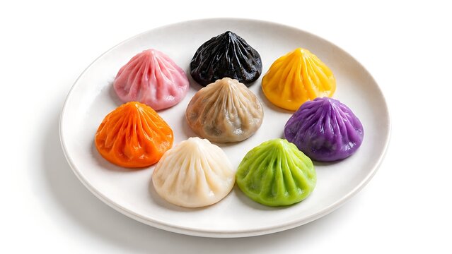 Assorted colorful steamed ddumplings on white plate isolated on white background