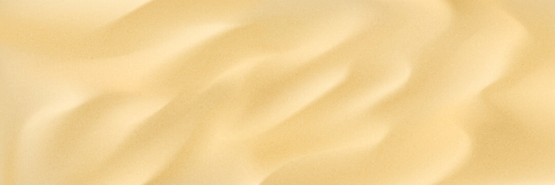 Sand texture background with subtle grain. Natural beige surface for summer, beach, spa or eco design. Realistic soft dunes. Wide travel design template. Vector illustration.