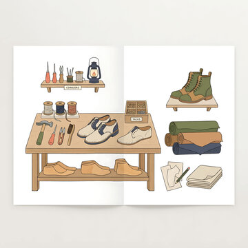 Shoe repair tools and accessories displayed.