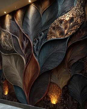 Abstract wood wall relief with leaf shapes and lighting.