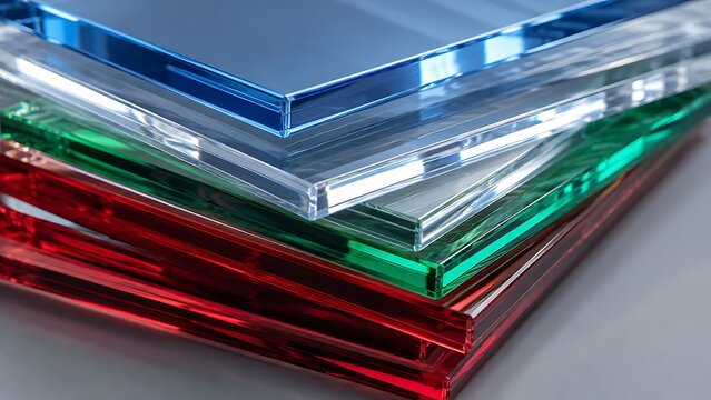 Stacked transparent colored glass sheets in blue green and red on gray background