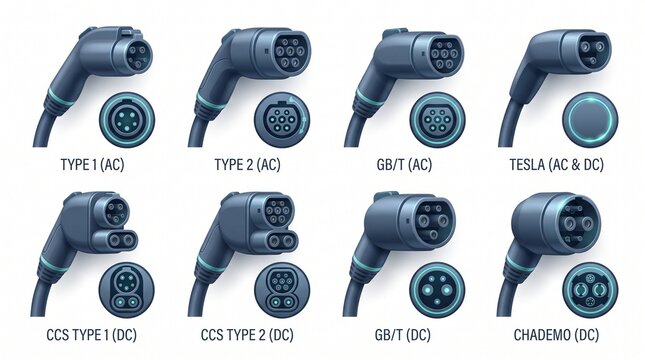 Eight detailed illustrations show various EV charging connectors and ports, including AC and DC types: Type 1, Type 2, GB/T, Tesla, CCS1, CCS2, GB/T, CHAdeMO.

