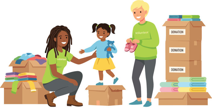 Friendly Volunteers Giving Clothing and Toys to a Little Girl at Charity Donation Center for Community Welfare Support and Social Volunteering Organization Website Designs