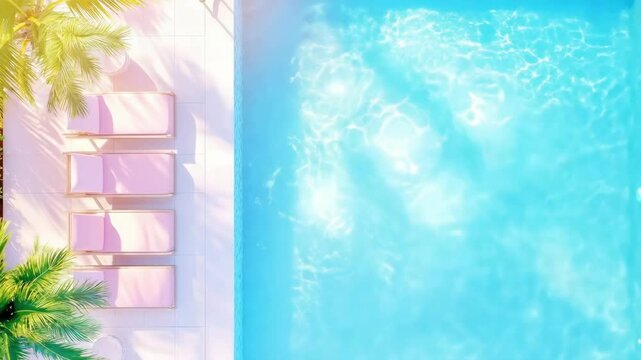 Sunlit poolside bliss with pink loungers and sparkling water
