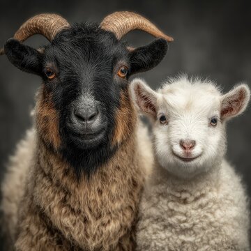 Adult dark goat next to white baby kid.