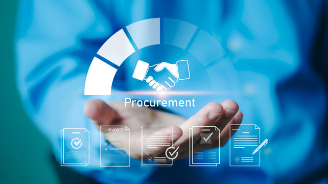 Businessman hand showing procurement text with handshake and invoice icons. Strategic supply chain management, vendor agreement, purchasing process, and business contract negotiation concept.