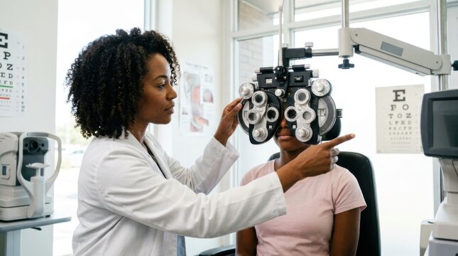 Optometrist examining patient's eyes with phoropter in bright clinical office