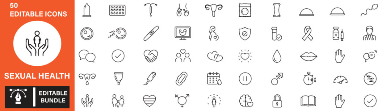 Set of 50 Sexual Health Vector Outline Icons Bundle - Safe Sex, Contraception, STI Awareness and Reproductive Health Line Icons