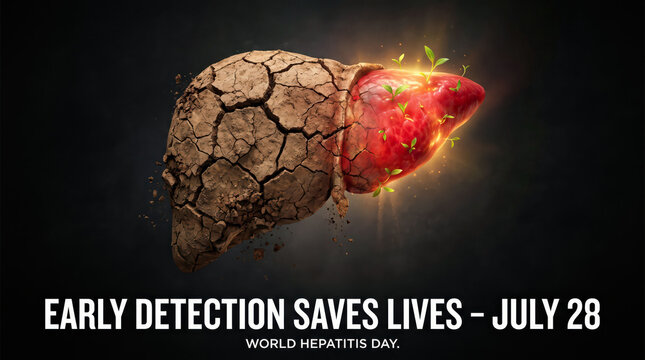 World Hepatitis Day conceptual poster, human liver with cracked dry earth texture and healthy glowing tissue, early detection saves lives medical banner
