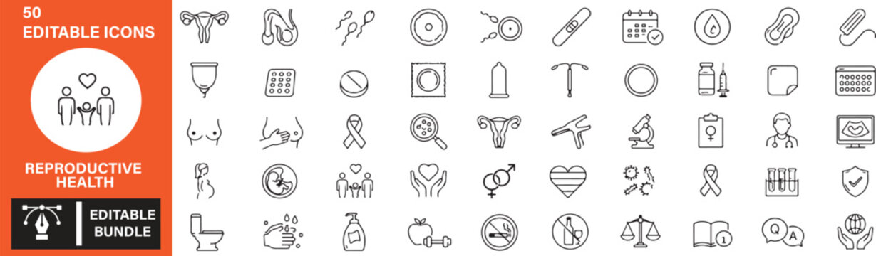 Set of 50 Reproductive Health Outline Icons - Fertility, Pregnancy, Contraception and Healthcare Vector Line Icon Collection