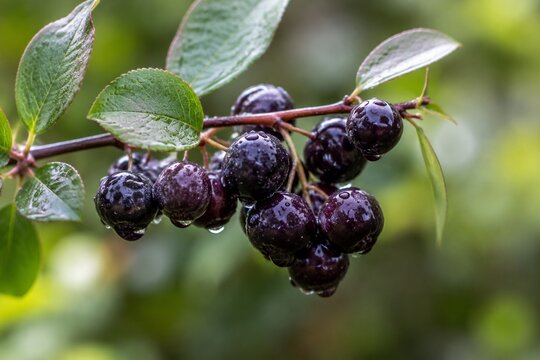 A branch with deep purple berries glistening with morning dew, macro detail.