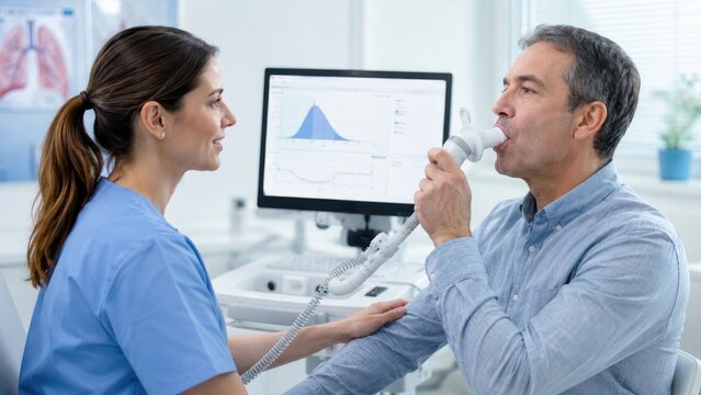 Respiratory therapist assists a middle-aged man performing spirometry lung function test in a clinic