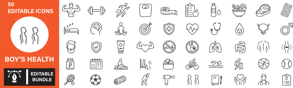 Set of 50 Men's Health Outline Icons Bundle - Male Wellness, Fitness, Medical Care, Mental Health Vector Line Icons Collection