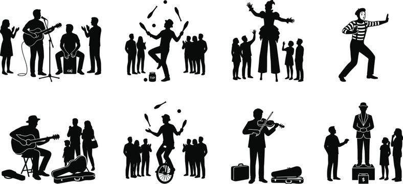 Street Performers and Live Entertainment Silhouette Collection Featuring Musicians Jugglers Mimes and Buskers