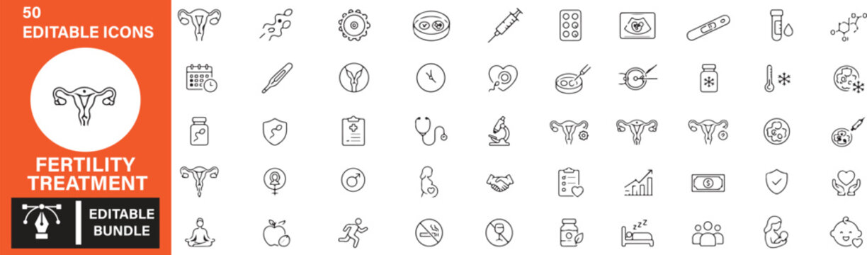 Set of 50 Fertility Treatment Vector Outline Icons Collection - IVF, Reproductive Health, Pregnancy Care and Infertility Treatment Line Icons Bundle