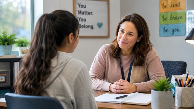 School counselor meeting with a student in a supportive one-on-one conversation in a bright counseling office