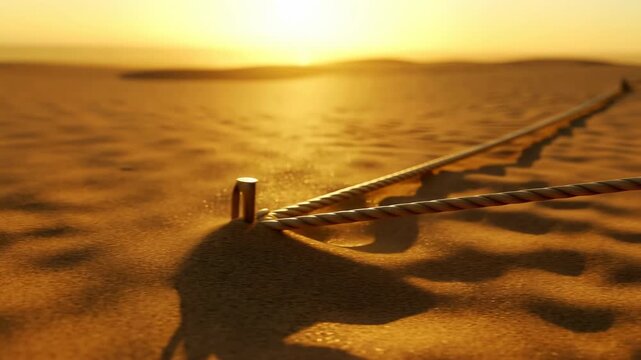 Taut braided rope looped around metal stake in sunlit desert sand with strong backlight, diagonal lines, gritty texture, and distant anchors creating rugged outdoor tension
