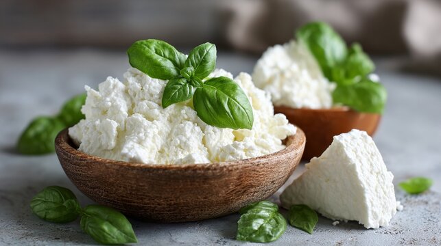 Fresh ricotta cheese in rustic wooden bowl garnished with vibrant green basil leaves, showcasing creamy texture and natural ingredients on a soft gray background