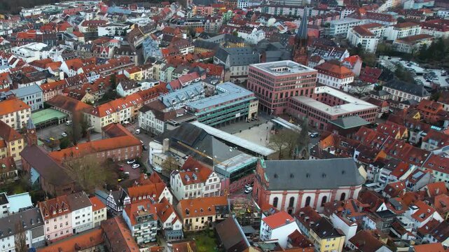Aerial view beside the old town above the city  of Aschaffenburg in Germany on a cloudy early spring day
