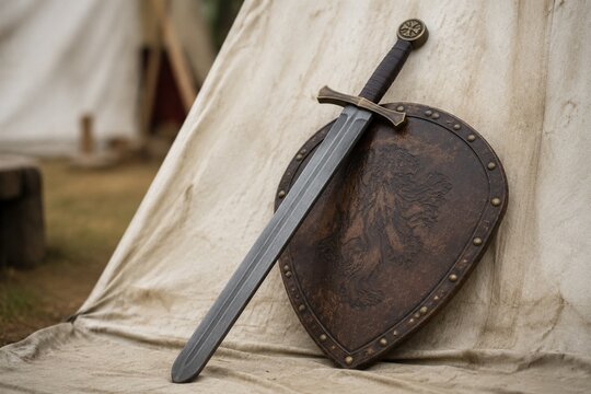 A meticulously crafted foam longsword leans against an antiqued leather shield on a tent canvas.