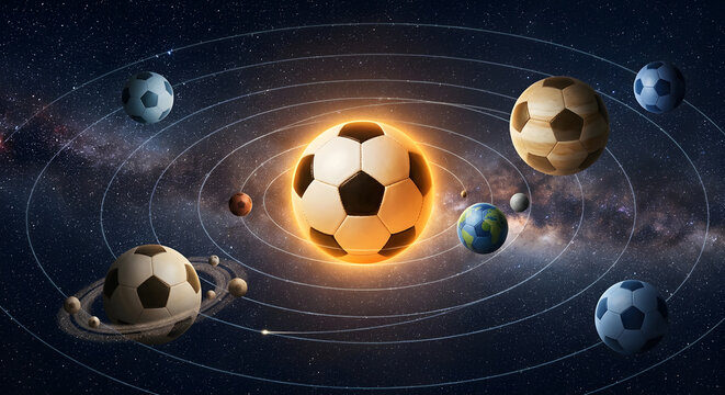 Conceptual solar system with soccer balls as planets orbiting the soccer ball sun in deep space, football galaxy concept, generative AI. 3D illustration.
