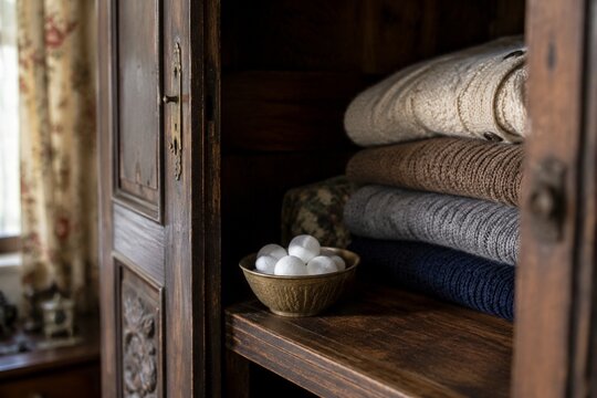 White camphor balls placed inside an antique wooden wardrobe with folded clothing.