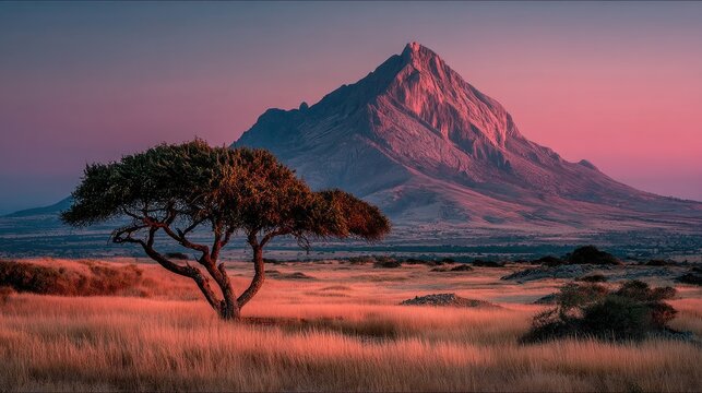 African savannah landscape with mountain and lone acacia tree.