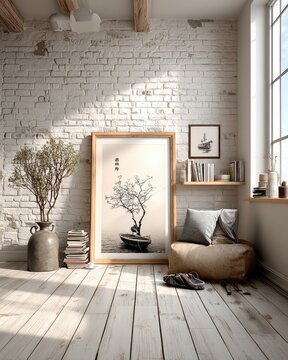 Airy room mockup with white brick wall and artwork