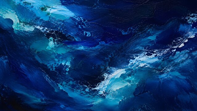 Abstract oil painting with deep blue and turquoise textures, expressive brushstrokes creating a dynamic ocean wave or stormy sea effect