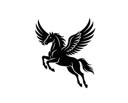 Black winged pegasus horse flying with outstretched wings