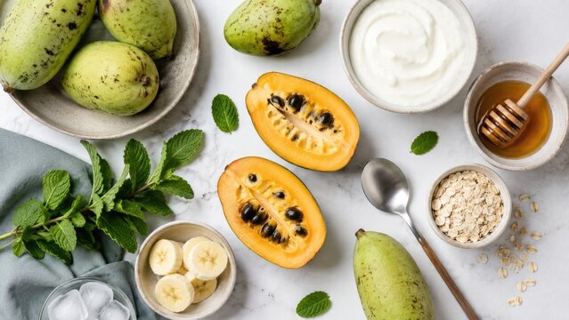 Flat-lay of halved yellow tamarillo (tree tomato) with black seeds, whole green tamarillos, yogurt, honey, oats, banana slices, mint and ice on a white background
