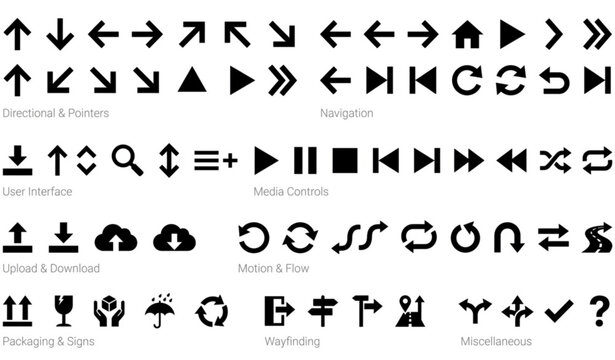 Black arrow icon set with navigation packaging and control symbols