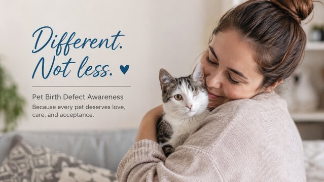 Woman lovingly hugging a one-eyed cat beside a "Different Not less" pet birth defect awareness message promoting acceptance and care