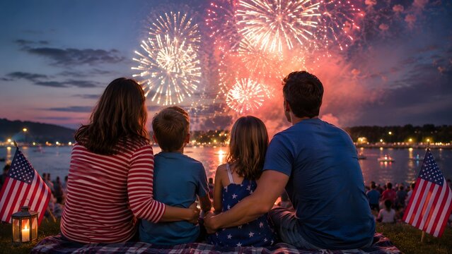 A happy family of four sitting on a blanket watching fireworks over a lake on the fourth of july with american flags