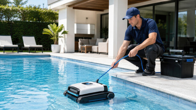 Pool technician operating a robotic pool cleaner at a modern residential swimming pool patio