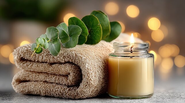 Aromatic spa setup with candle and towel.