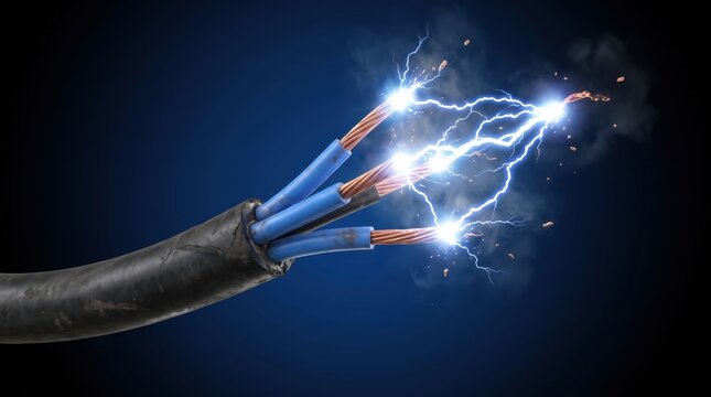 Electric sparks flying from cut wires, close-up shot
