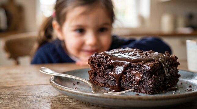 Young girl eagerly looking at a delicious chocolate brownie with rich ganache frosting