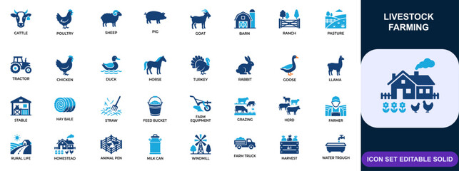 Livestock farming icon set. Animal husbandry, cattle, poultry, sheep, pig, goat, barn, agriculture, rural ranch life. Editable icons collection. Vector. © Senoara Studio