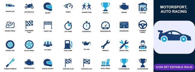 Motorsport and Auto Racing Icon Set. Racing, motorsports, car, motorcycle, helmet, speed, pit stop, engine, trophy, competition. Editable icons collection. Vector. © Senoara Studio