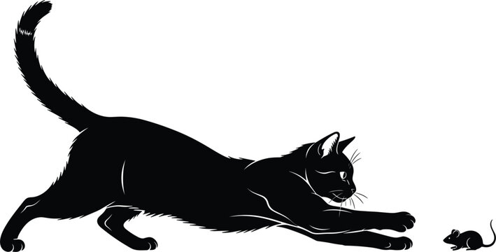 Vector silhouette illustration of a black cat stretching or pouncing to catch a small mouse isolated on a white background