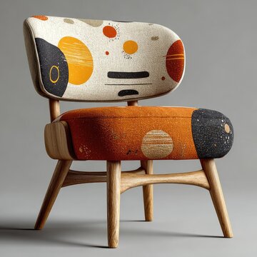Artistic modern accent chair with patterned fabric.