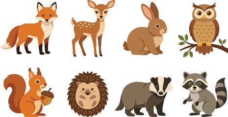 Fototapeta premium Cute Woodland Animals Vector Illustration Set with Fox Deer Rabbit Owl Squirrel and Raccoon