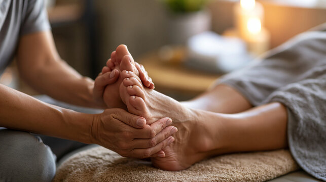 Professional foot massage treatment at a spa, promoting relaxation, stress relief, wellness, self care, comfort, rejuvenation and therapeutic body recovery
