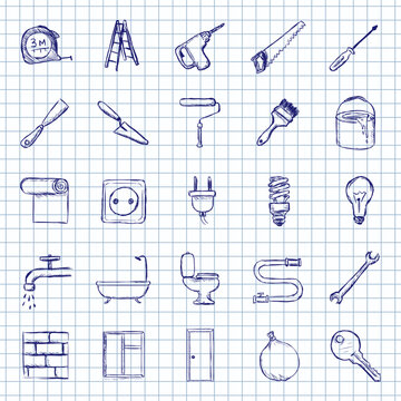 Blue Ink Sketch Set of Home Repair Icons