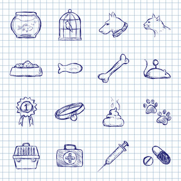 Blue Ink Sketch Set of Pet Icons