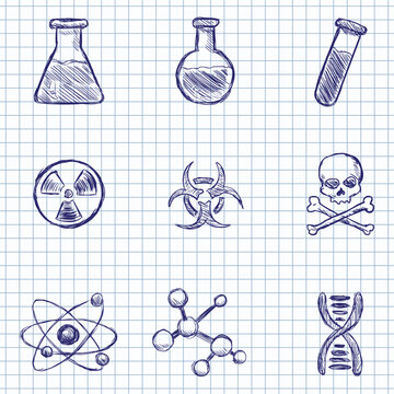 Vector Set of Blue Sketch Chemistry Icons